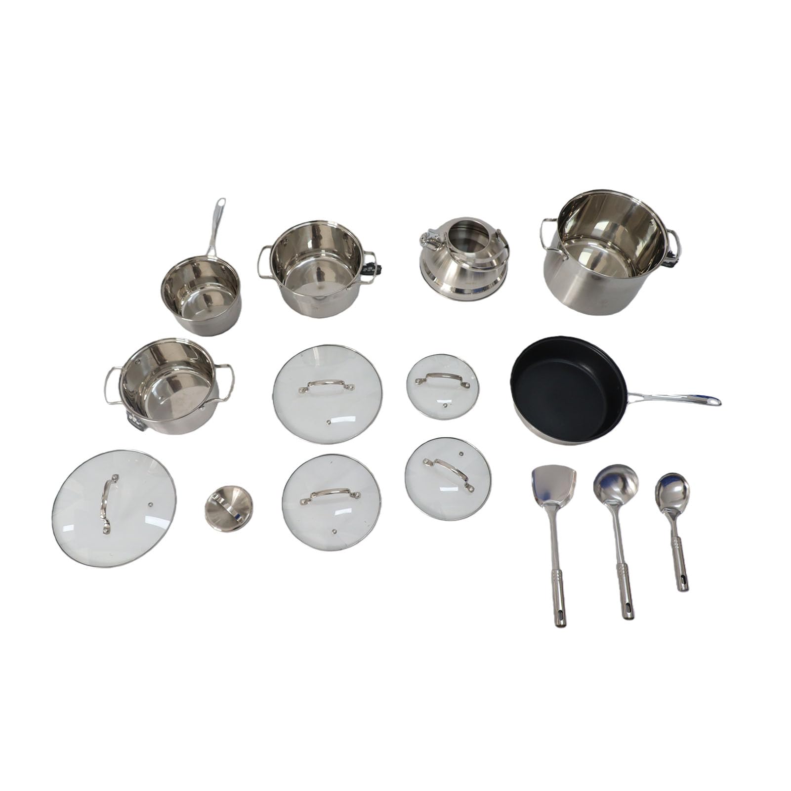 SIXRUN Juego de Utensilios de Cocina de Acero Inoxidable, Juego de Ollas y Sartenes de 15 Piezas con Tapas de Vidrio, 3 Cacerolas, Sartén, Olla para Leche, Utensilios de Cocina de Fondo Plano para