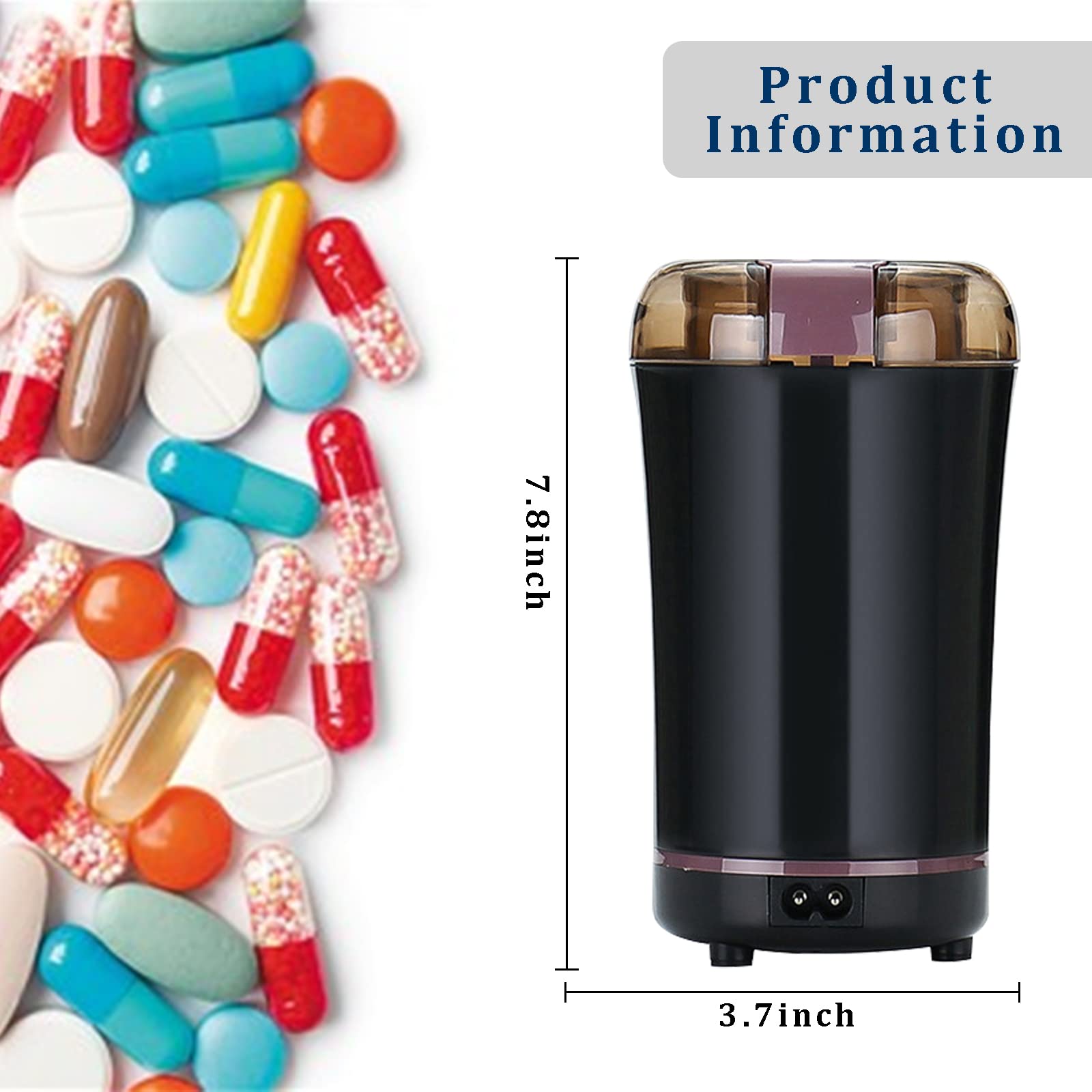 Multifunctional Electric Pill Crusher Grinder- Grind The Medicine and Vitamin or Coffee Beans Tablets of Different Sizes into Fine Powder-Grinder for Feeding Tubes, Children or Pets (Black)