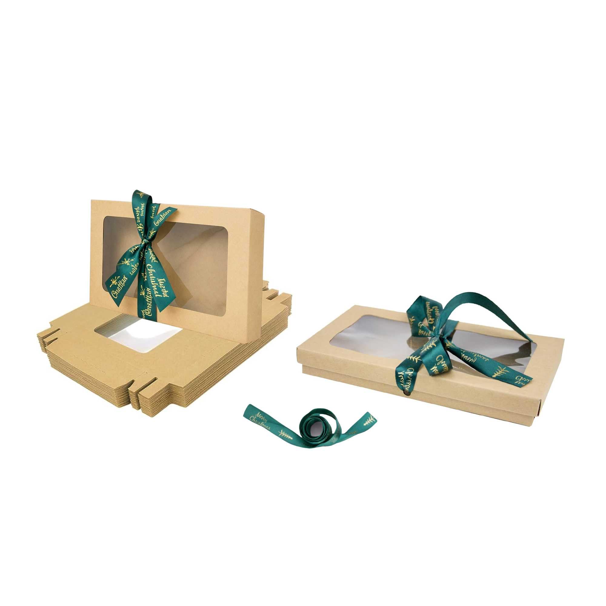 Emartbuy Pack of 96 Brown Gift Boxes with Clear Window Lid & Christmas Green Satin Ribbon - Large Wide 29.5 x 22 x 4.5 cm - Recyclable Kraft Presentation Box for Hampers, Treats, Weddings & Favours