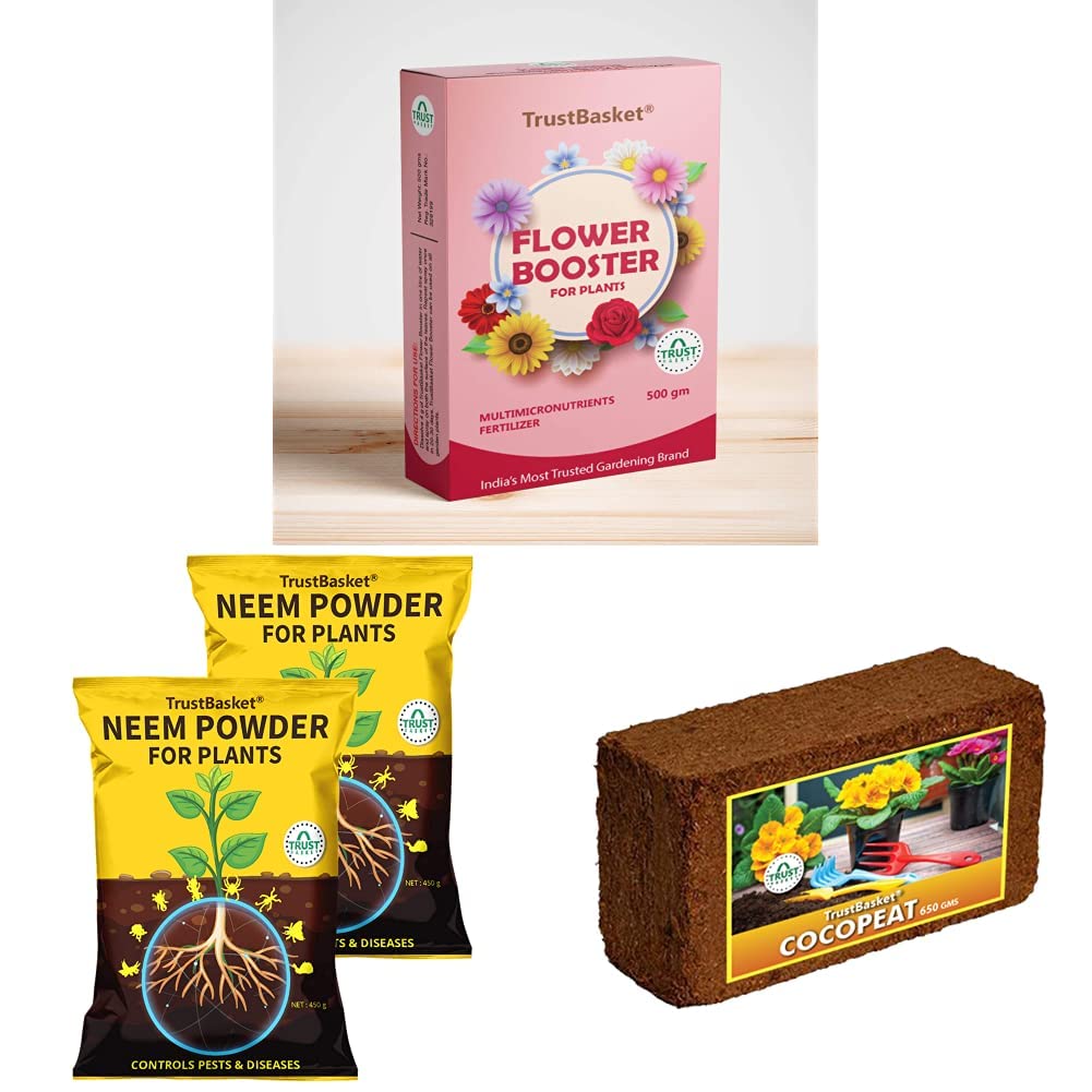 Trust Basket Flower Booster, 500 Gm&Trust Basket Neem Cake Powder Organic Fertilizer and Pest Repellent for Plants (450 GMS) - Set of 2&Trust Basket Cocopeat Block - 650gm