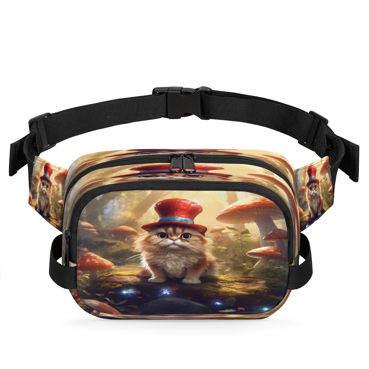 Watercolor Cat Mushroom Waterproof Fanny Pack for Women Men Adjustable Waist Bag with Double Zipper Pockets Lightweight Square Hip Pack for Running Travel Hiking Workout Cycling