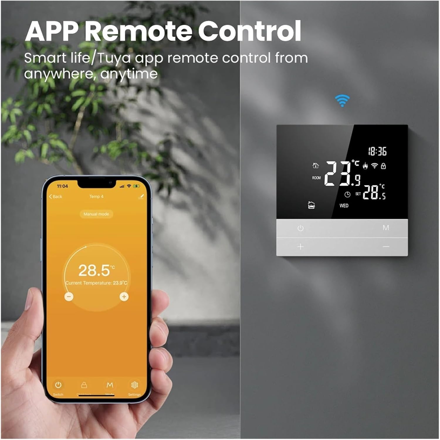 LSLSL Tuya Smart Digital Thermostat next to a smartphone displaying the Smart Life/Tuya app interface for remote control.