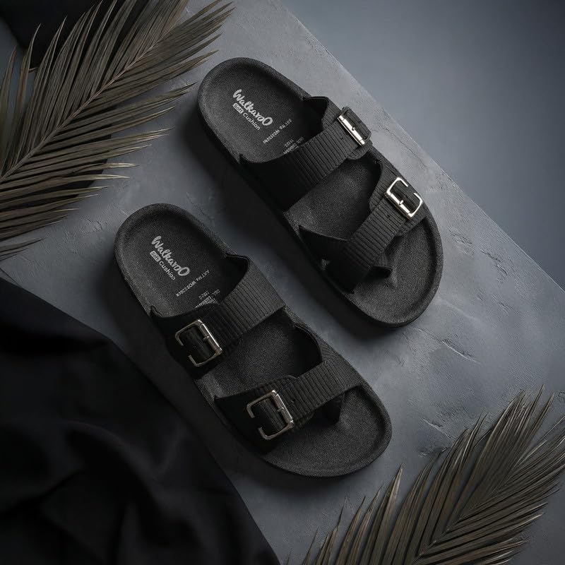 Image of Walkaroo Men's Double Buckle Slide Sandals|Open Toe Casual Flat Slippers,Adjustable Buckle Straps, Soft Cushioned Footbed, Fabric Upper,Lightweight Flexible Sole |Casual, Daily Wear, Home, Travel, Shopping&Comfortable Wear Sandals for Men's|WGR53044