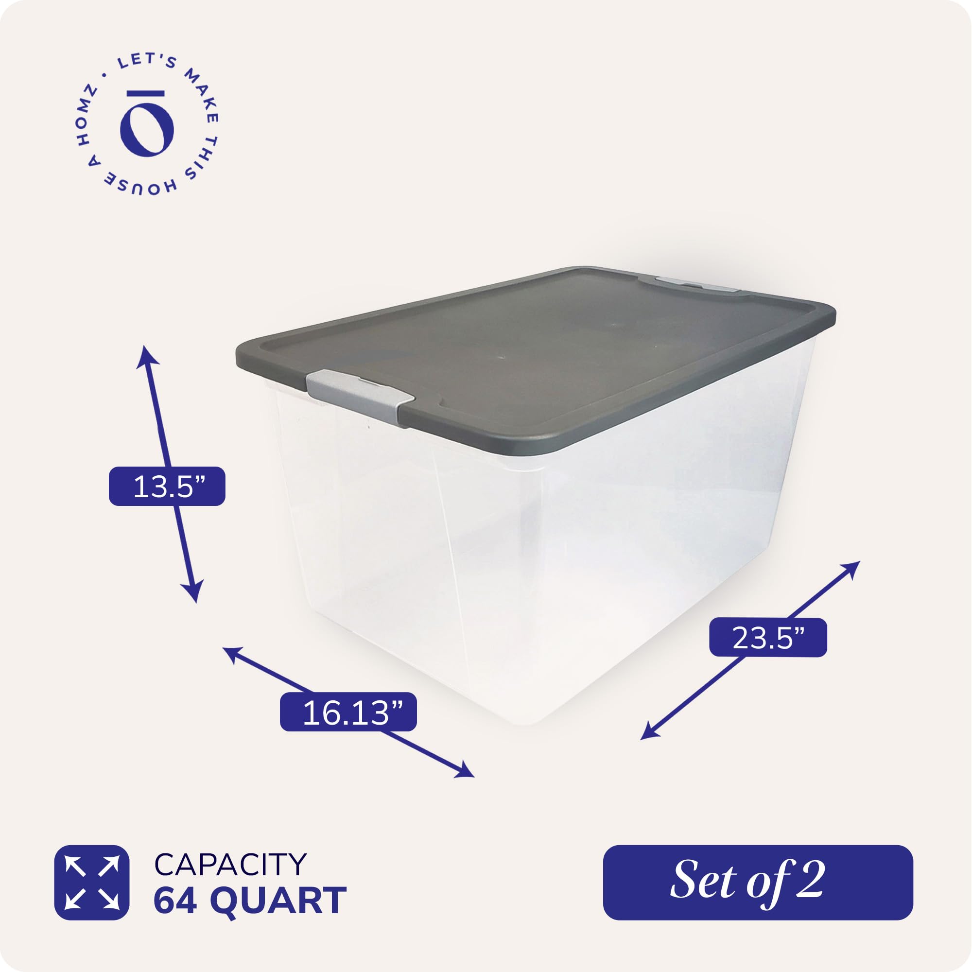 HOMZ Confezione da 4 contenitori in plastica trasparente, grandi contenitori con coperchio, 64 litri, coperchio grigio
