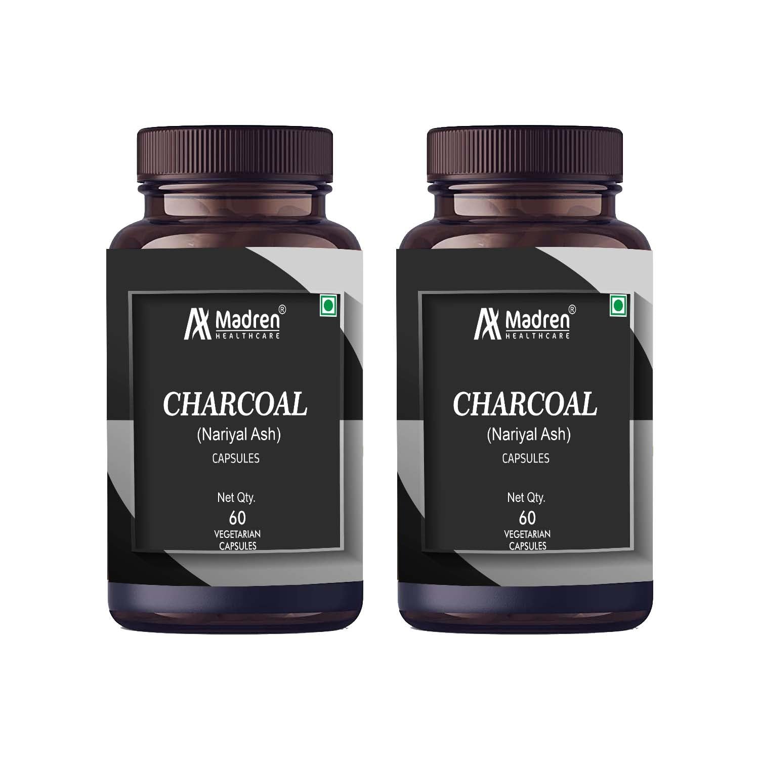 Madren Healthcare Charcoal (Nariyal Ash) 500mg - 60 Vegetarian Capsule PACK OF 2