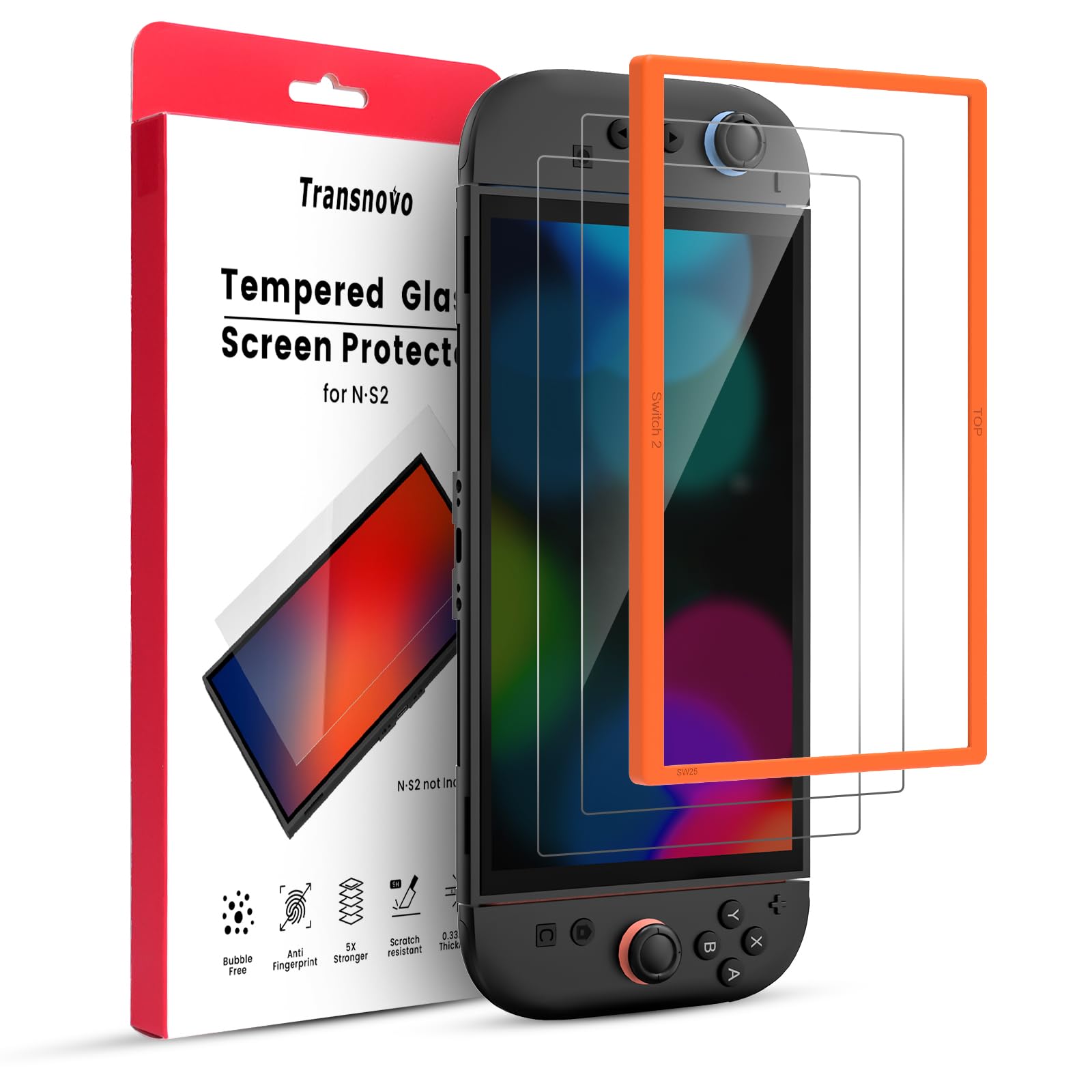 TRANSNOVO Protector de Pantalla Compatible con Nintendo Switch 2 (2025, 7,9 pulgadas) – Cristal Templado Ultra HD, Dureza 9H, Anti-Rayones, Sin Burbujas, Instalación Fácil con Marco de Guía, 2 Piezas