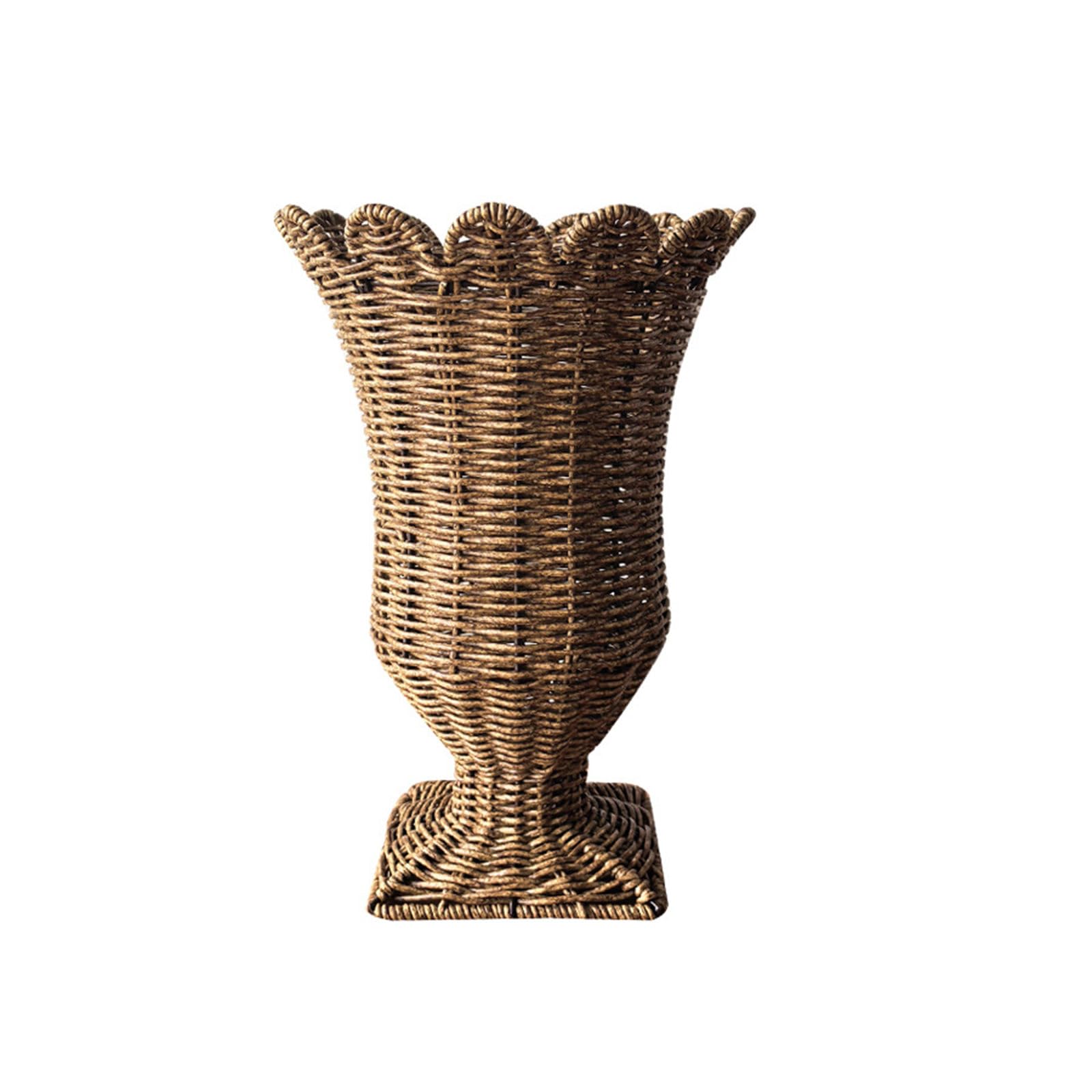 Handwoven Wicker Vase Goblet Shape Brown Pedestal Centerpiece, Decorative Flower Holder with Open Top for Living Room Table, Dining Room or Bedroom Decor Rattan Flower Holder Woven Vase Decor Goblet