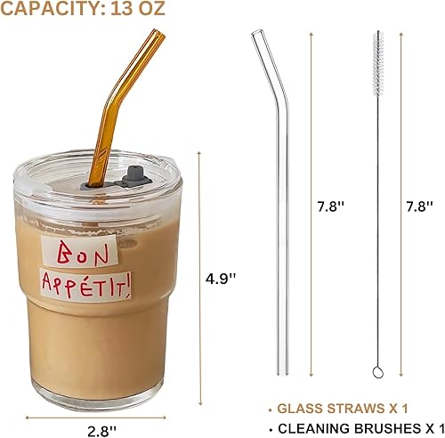 Miniatura 5 de Olvini Vaso de vidrio de 13 onzas con popote y tapa de vidrio, tazas para café helado, reutilizable, taza para agua, taza de café, tazas de vidrio