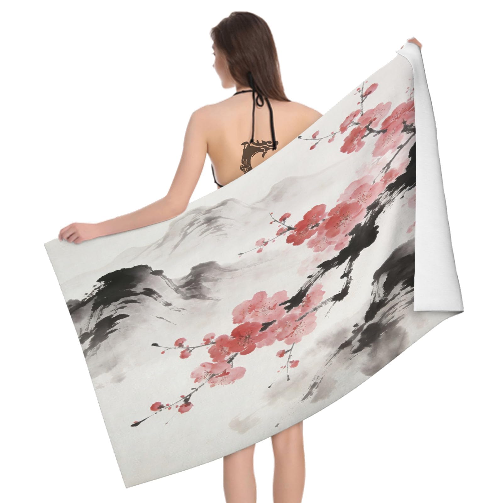 Leichong 3D Ink Wash Plum Blossom Beach Towel Microfiber Soft Quick Dry for Adults, Zen Style Bath Towel Lightweight Soft Absorbent for Travel Swimming Pool Sports, 75 x 150 cm