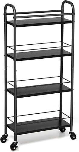Asgolion Carrito de almacenamiento delgado negro, carrito utilitario de 4 niveles con ruedas, carrito de estantería estrecha para espacios pequeños