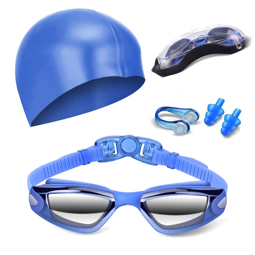Hurdilen Swim Goggles Swimming Goggles No Leaking with Nose Clip, Earplugs, Swim Cap and Case for Men Women