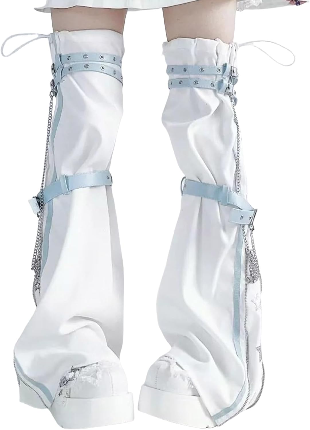 [Wilgure] 女性原宿スタープリントジッパーフレアレッグウォーマー美的ファッションパンク PU ハーネスストラップレッグカバー