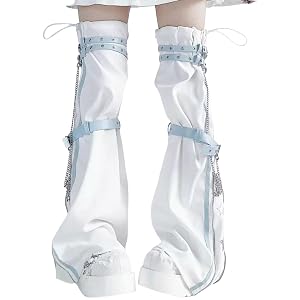 Women Aesthetic Star Print Zippered Thigh High Leg Warmer Punk PU Harness Strap Flared Leg Sleeve Streetwear