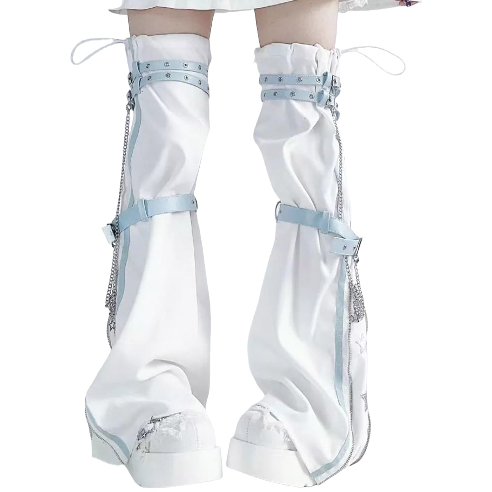 Women Aesthetic Star Print Zippered Thigh High Leg Warmer Punk PU Harness Strap Flared Leg Sleeve Streetwear