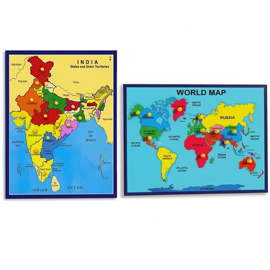 Wooden Knob Puzzle for Kids, India and World Map, Montessori Educational Toy, Fine Motor Skill Development, Ages 1–4 Years-image-32