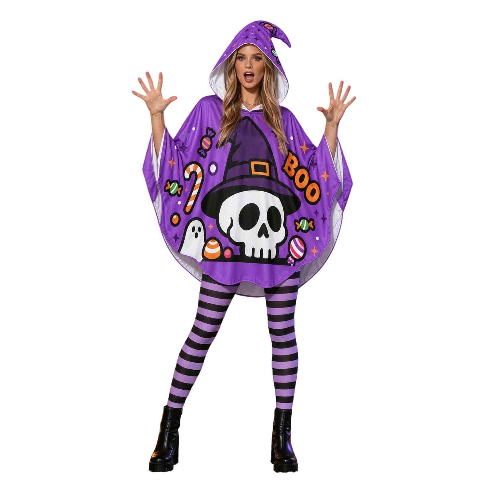 Women Ghost Halloween Costume 4 Piece Set, Adult Ghost Costume with Poncho, Headband, Ghost Bag & Striped Leg Socks, Cute Spooky Fancy Dress Outfit for Women Halloween Party Carnival & Costume Event — image 1