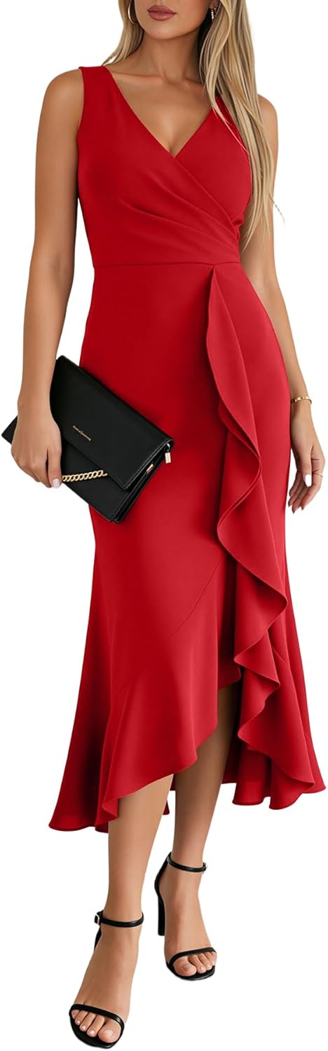 OWIN Women Sexy V Neck Sleeveless Faux Wrap Ruched Bodycon Midi Ruffle Hem Cocktail Party Wedding Guest Dress