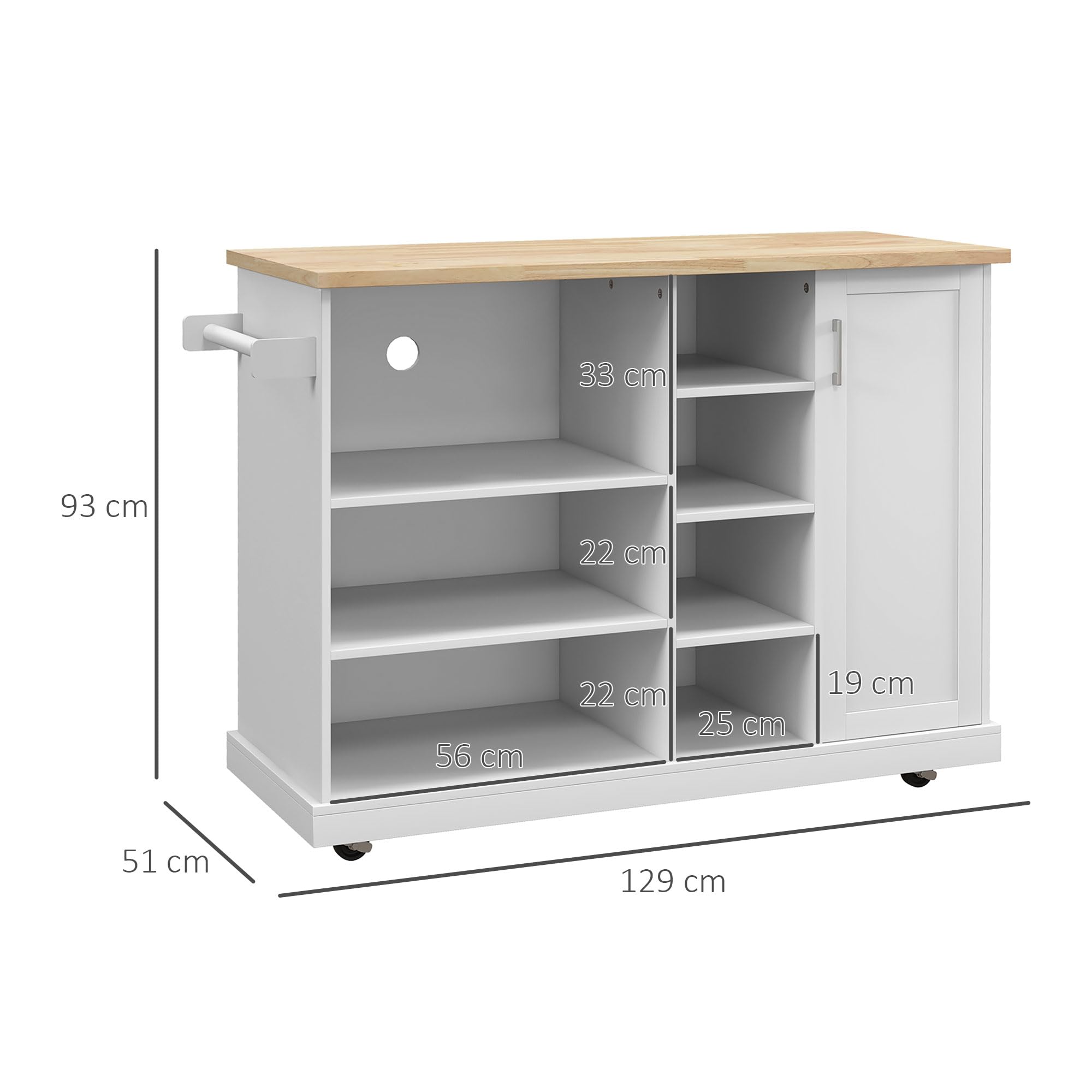 HOMCOM Bijzettafel keukeneiland, bijzettafel op wieltjes, met