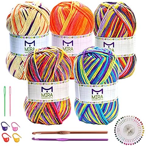 Mira Handcrafts Acrylic Yarn Large Skeins 3.53 Ounce(100g) Each - 5 Variegated Color Knitting and Crochet Yarn Bulk - Crochet Kit Included - Ideal Beginners Kit Cover