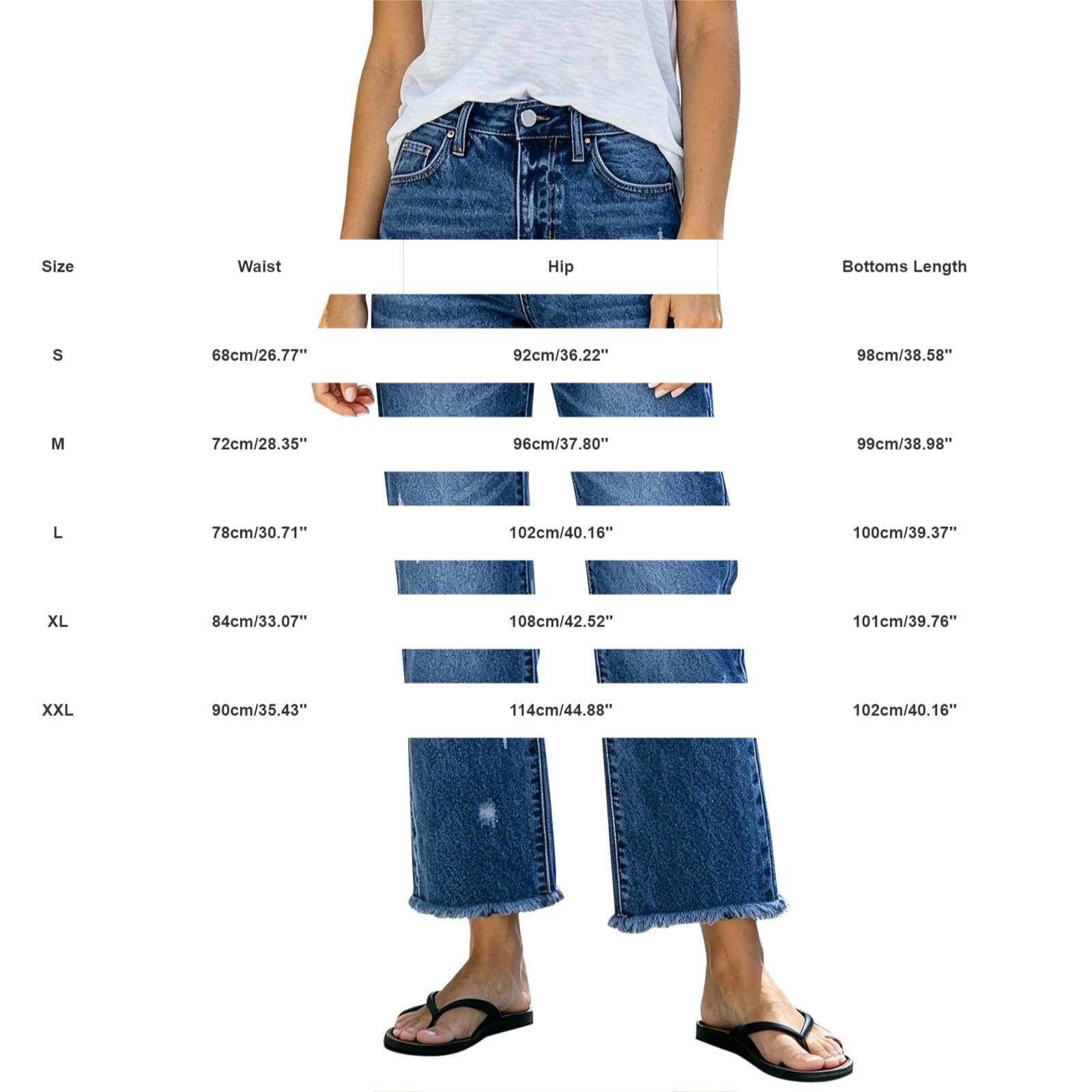 Jean pour femme en denim destroyed - Taille haute - Avec ourlet à franges