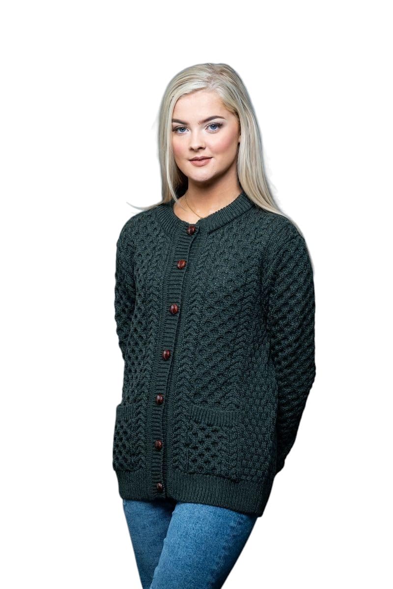 Irish Aran Wool Lumber kardigan damski z guzikami i kieszeniami, wyprodukowano w Irlandii