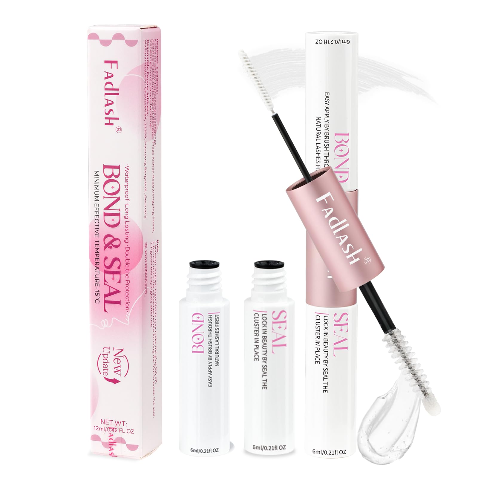 FADLASH Lash Bond and Seal Waterproof 12ml Cluster Lash Glue for Eyelash Clusters Strong Hold Individual Lash Glue 2 in 1 Eyelash Glue Long Lasting