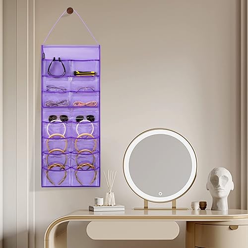 Miniatura 5 de Organizador de diadema para colgar en la pared, cinta para el cabello, accesorios para el cabello con bolsillos transparentes (púrpura-16 bolsillos)