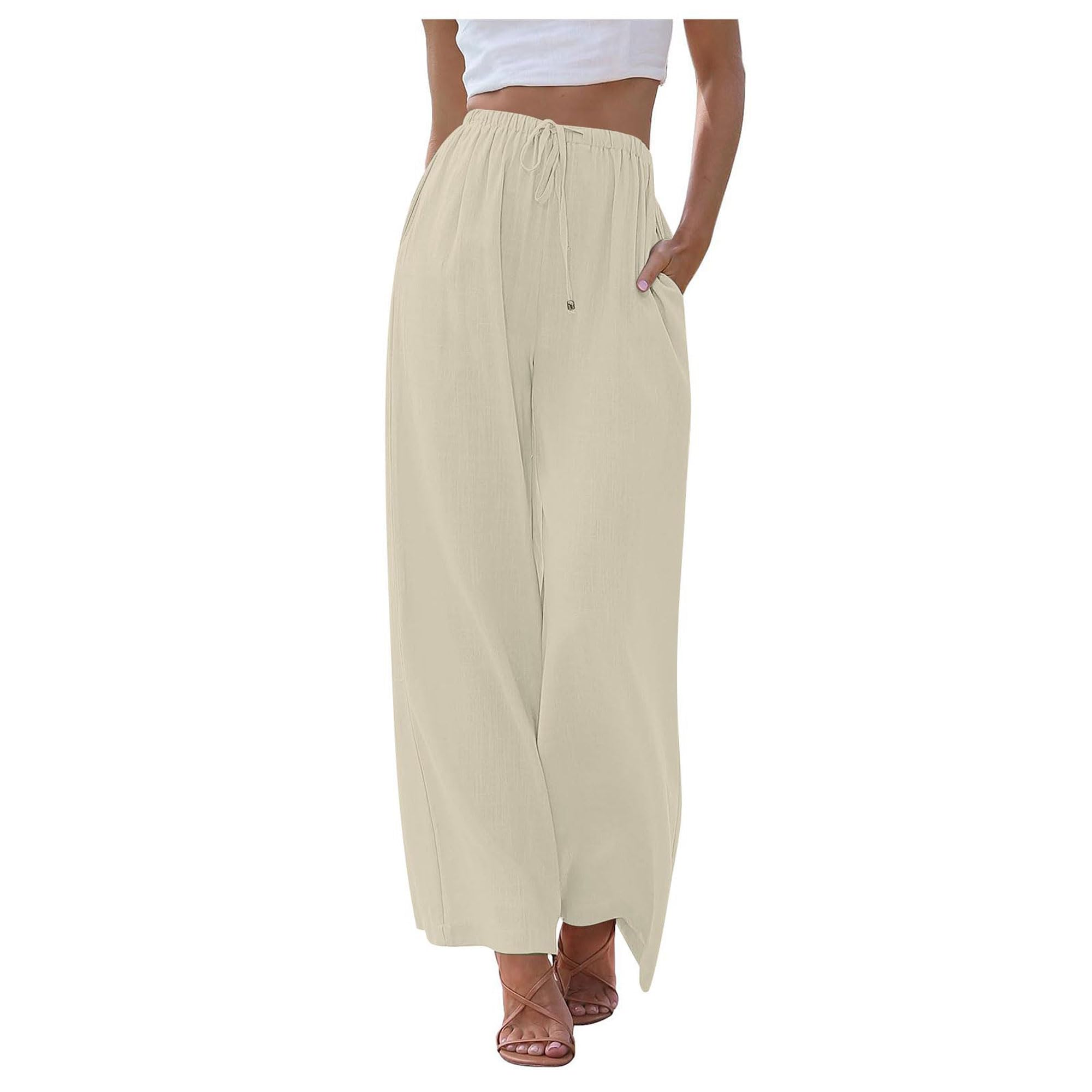 Cotton Linen Straight Pants Womens Wide Leg Trousers Casual