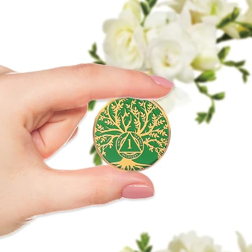 Miniatura 3 de Chip de sobriedad de 1 año, árbol de la vida, un chip, medallón de recuperación AA, regalos de sobriedad sobria de 1 año para hombres (verde)