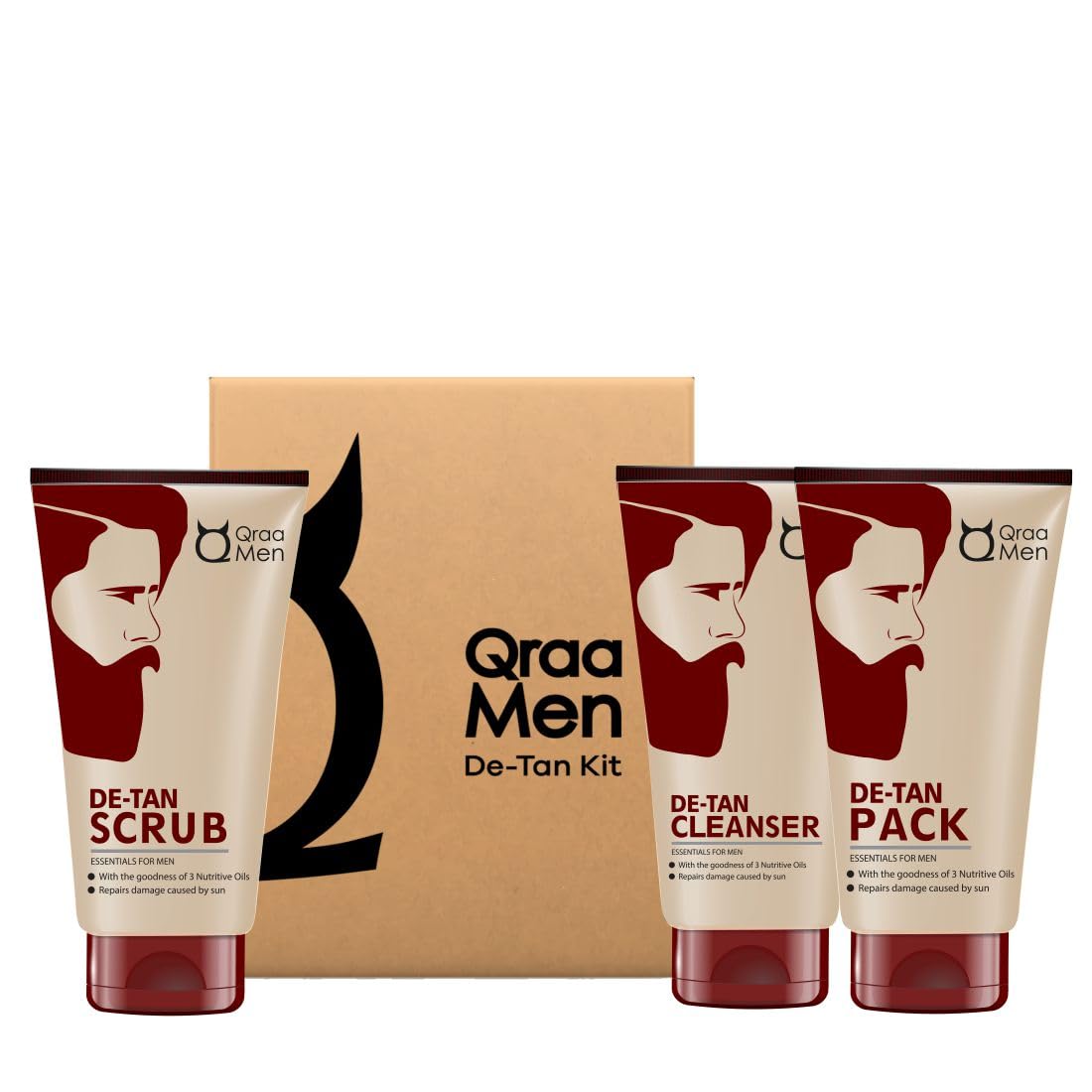 Qraa Men De-Tan Kit For Instant Tan Removal | For Skin Lightening & Brightening | Dirt & Blackhead Removal |Tan Removal Face Cleanser, Scrub & Pack | 320gm (Pack of 3)