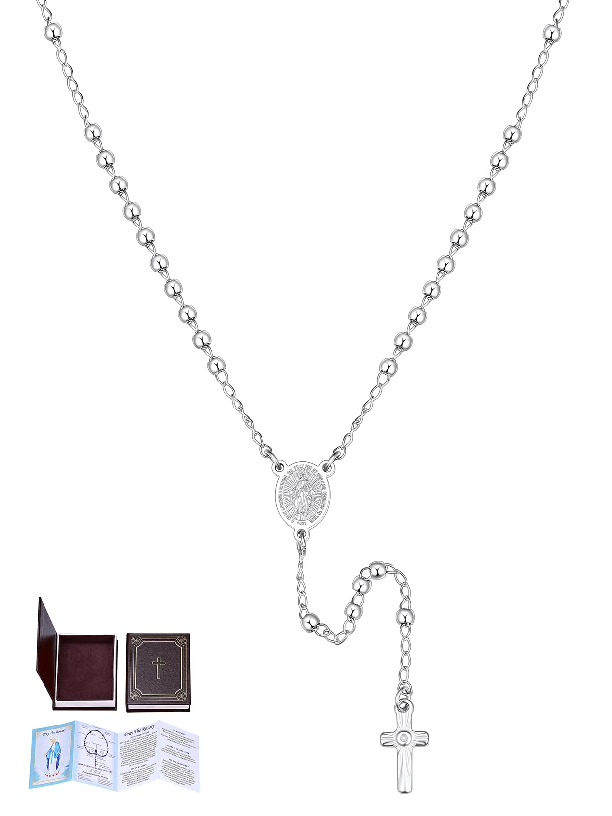 U7 Collar de Mujer y Hombre Rosario Medalla Milagrosa y Crucifijo Perlas de 3mm/6mm en Acero Inoxidable Color Plata Oro Negro Rosa con Libro de Oraciones, Manual y Caja de Regalo