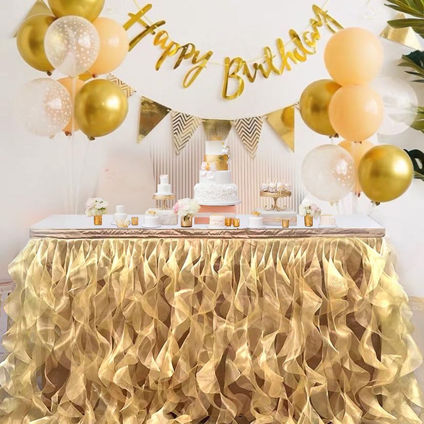 Image of Luxury Organza Mesh Table Skirt Draping Floating Romance - Perfect for Bridal Showers, Birthday Weddings - Clear Flowing Decoration for a Wonderful Main Cake Table (Gold-6ft, 72 inch Lx30 inch H)