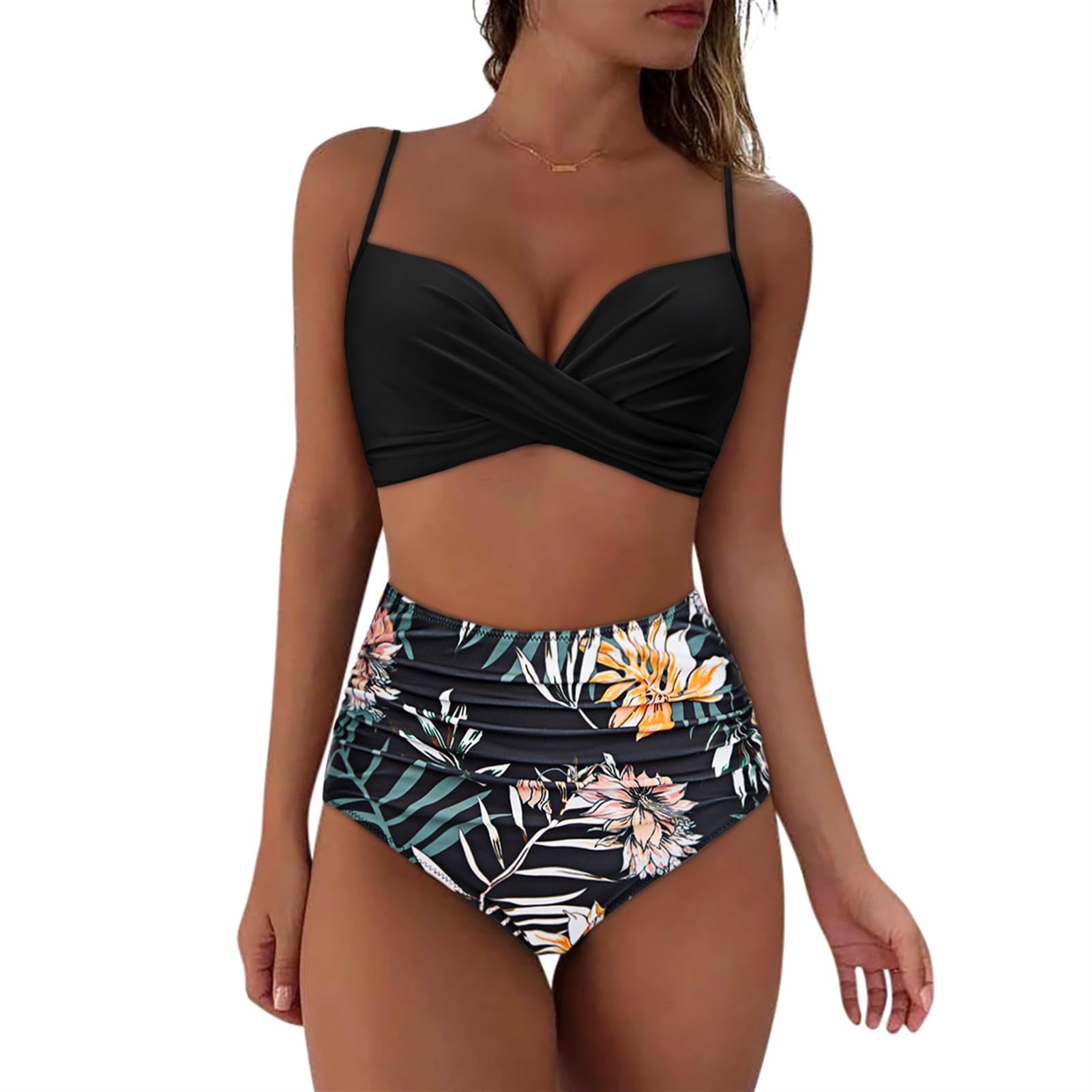 Bikini A Vita Alta Donna Solido Costume da Bagno Donna Costumi da Bagno Costume da Bagno Imbottito Push Up Increspato Costume da Bagno Donna Bikini (Color : B4803YB, Size : XL)