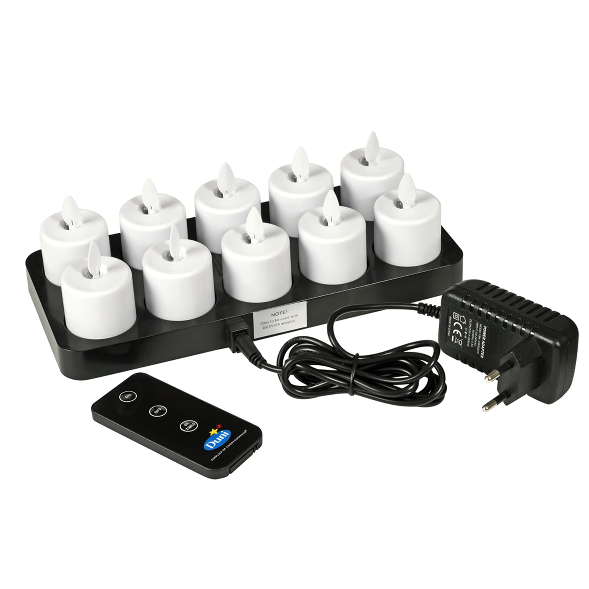 DUNI LED Set Moving Flame, wiederaufladbar, Warm White, 10 Stück 38 x Ø 36 mm 25 Std. Weiß