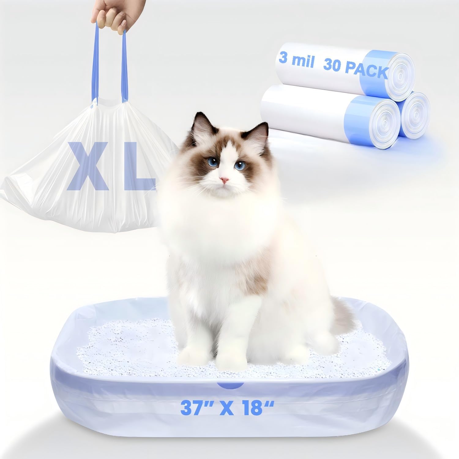 120 Pack Jumbo Cat Litter Bags-3MIL Extra Thick Leakproof Litter Box Liners, 37"x18" Heavy Duty Drawstring Cat Litter Liners for Automatic Litter Box, Odor Control Disposable Kitty Litter Bags 12 Roll