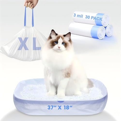 30 Pack Jumbo Cat Litter Bags - 3MIL Extra Thick Leakproof Litter Box Liners, 37"x18" Heavy Duty Drawstring Cat Litter Liners for Automatic Litter Box, Odor Control Disposable Kitty Litter Bags 3 Roll