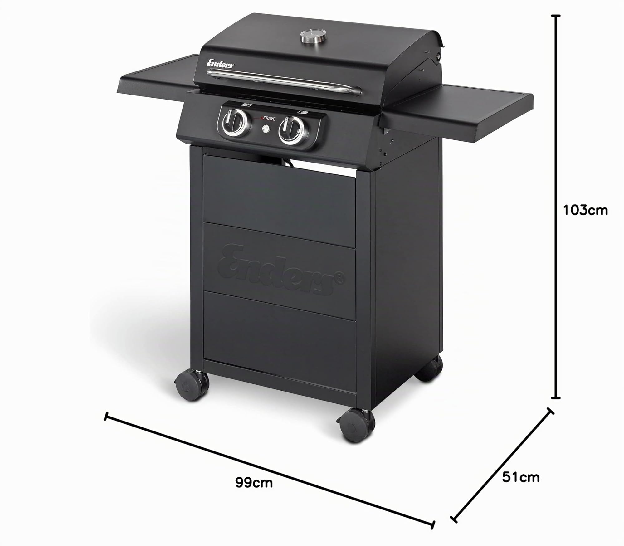 Enders® Barbecue électrique eCRAVE 2, avec grille en fonte, chariot de barbecue avec beaucoup d'espace de rangement, système de nettoyage Simple Clean ™, 2 éléments chauffants puissants, hotte de