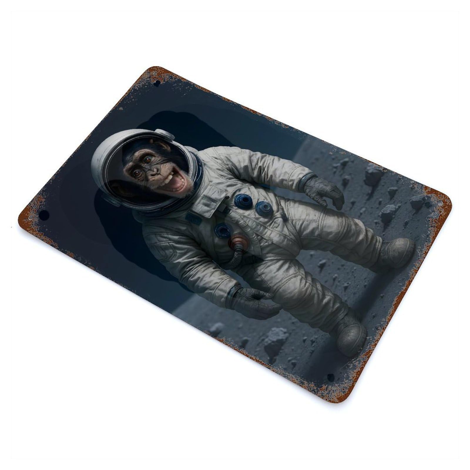 Chimpanzee Astronaut on The Moon Decorative Tin Sign 11.8"x7.9", Retro Wall Decor for Basement, Hobby Room And Garage Decor