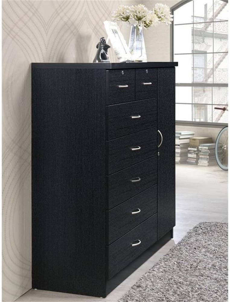 Pemberly Row Tall 7 Drawer Chest, Wood Construction, Black Finish, 48.6 in. H x 47.2 in. W x 17.6 in. D, 2 Locking Drawers, Garment Rod, Adjustable Shelves, Sturdy Storage for Bedroom or Closet Use