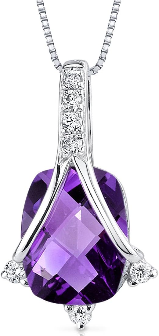 PEORA 14 Karat White Gold Cushion Cut 1.89 Carats Amethyst Pendant with Genuine Diamonds, Real Amethyst Necklace, February Birthstone Necklace, For Jewelry Gift & Everyday Wear, w/Jewelry Box