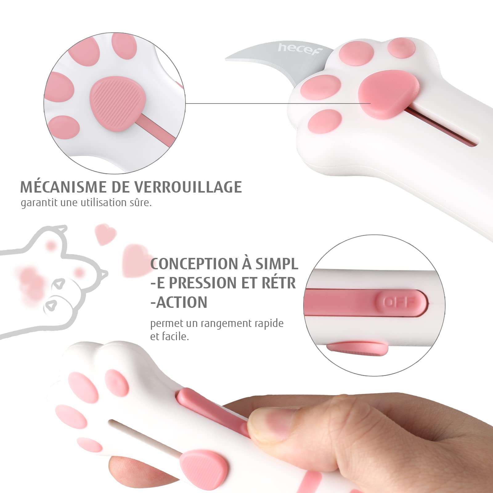 hecef Set de 3 couteaux utilitaires, cutter rétractable avec lame en acier allemand et manche en patte de chat, set de couteaux multifonctions en rosa