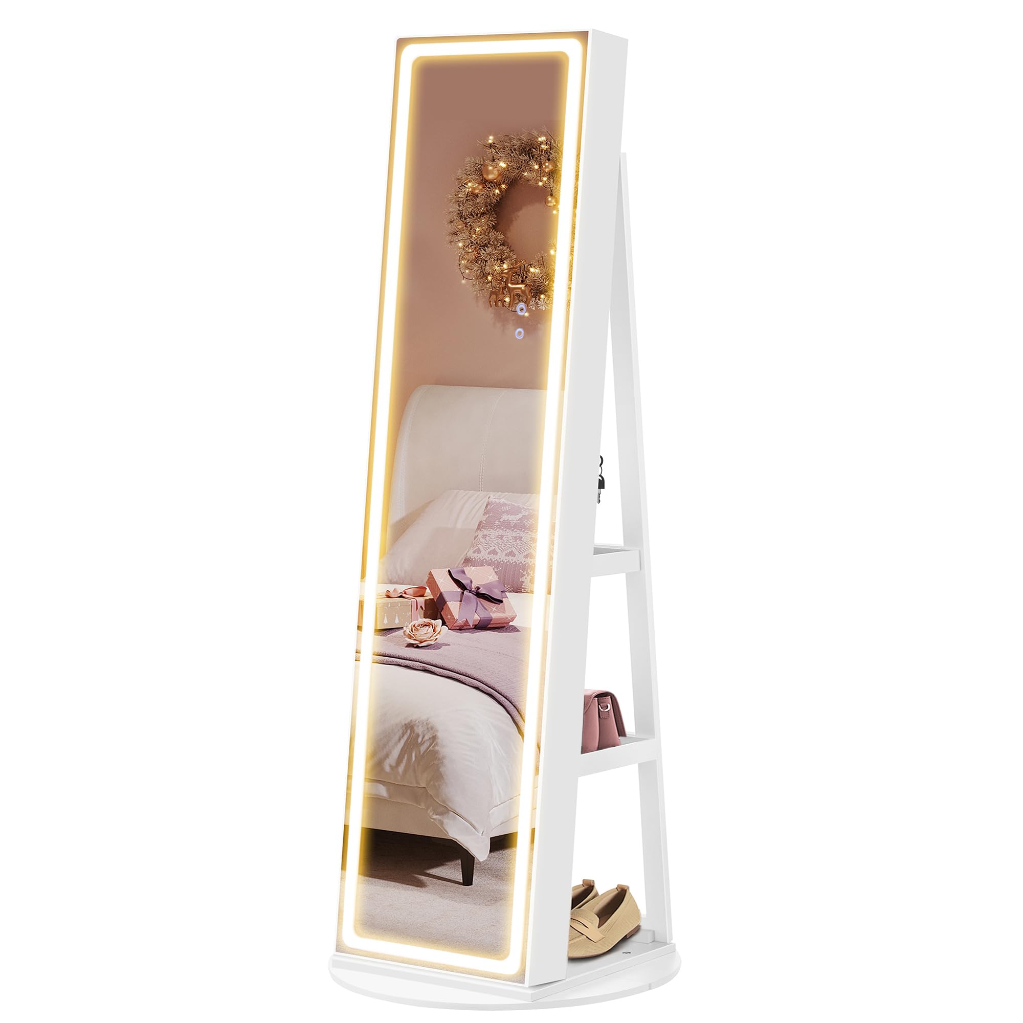 SONGMICS LED Jewelry Cabinet Standing, Lockable Armoire With Full-Length Mirror and Adjustable Lights, Space-Saving Organizer, Gift Idea, Cloud White UJJC008W01