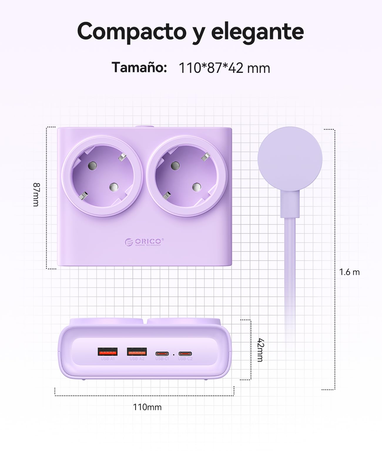 ORICO Regleta Enchufes 6-en-1 PowerBrick Lila - 2 Tomas AC + 4 USB (2 USB-C PD), Carga Rápida 25W GAN, Cable 1,6m, 2500W MAX para Hogar, Oficina, Mesa(PDC)