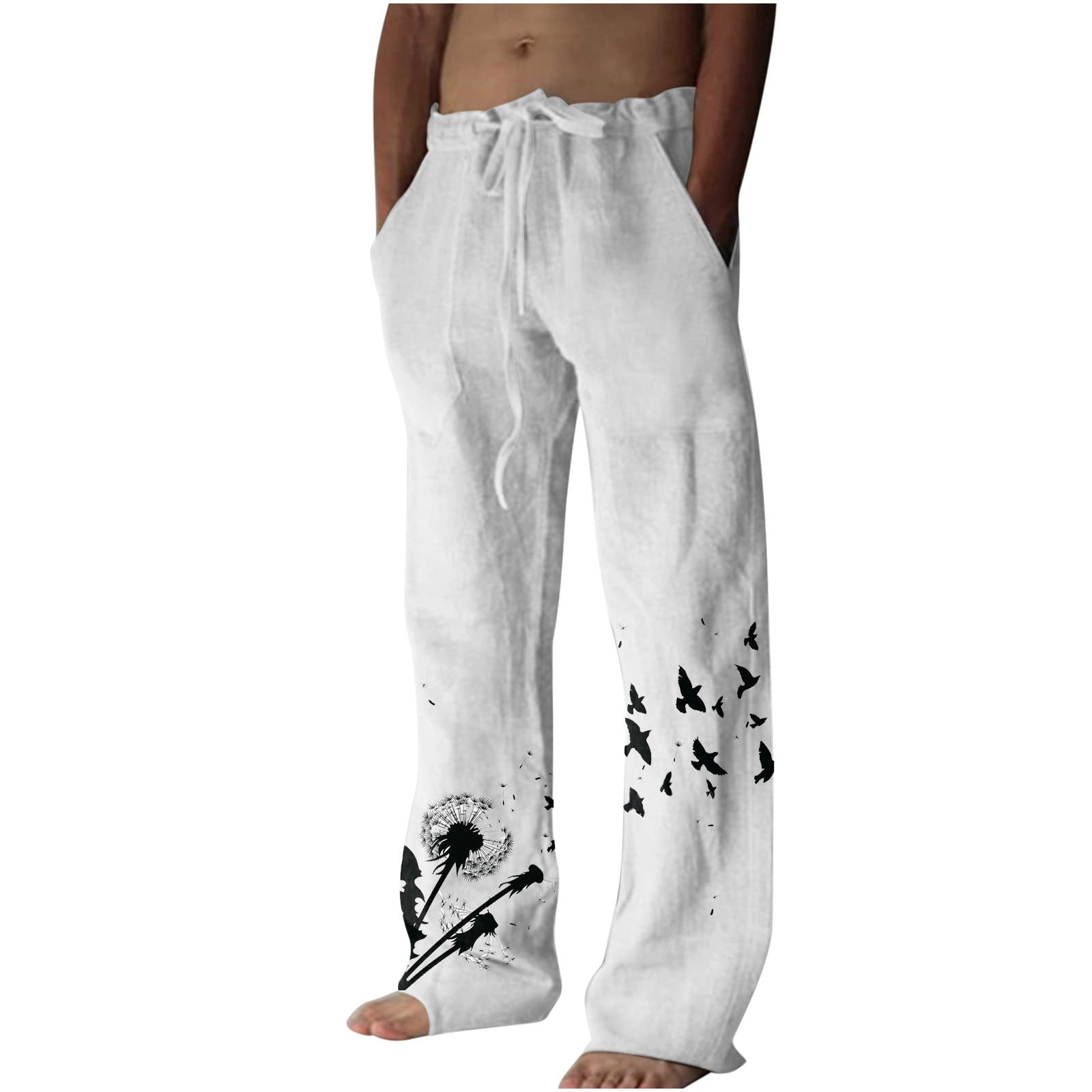 Men's Ethnic Style Printed Sweatpants Linen Vintage Elastic Waist Lace up Casual Pants Loose Fit Hippie Boho Trousers
