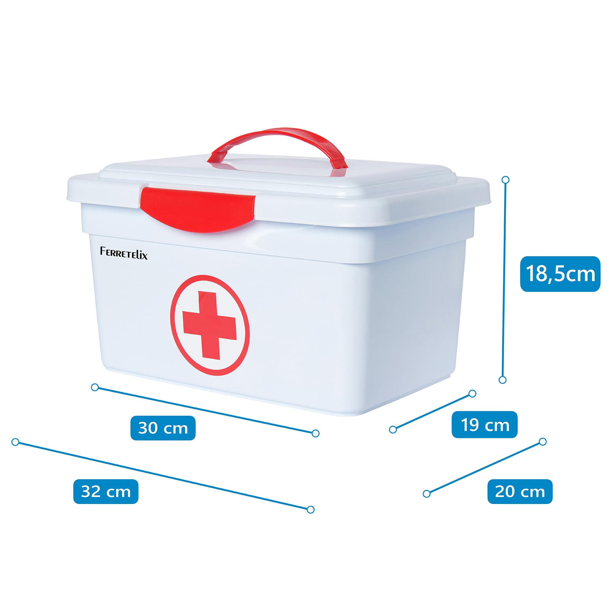 Farmalix Botiquin caja primeros auxilios con tapa 8 litros medidas: 35cmx23cmx19cm equipado con varios artículos para realizar las primeras curas en caso de emergencia