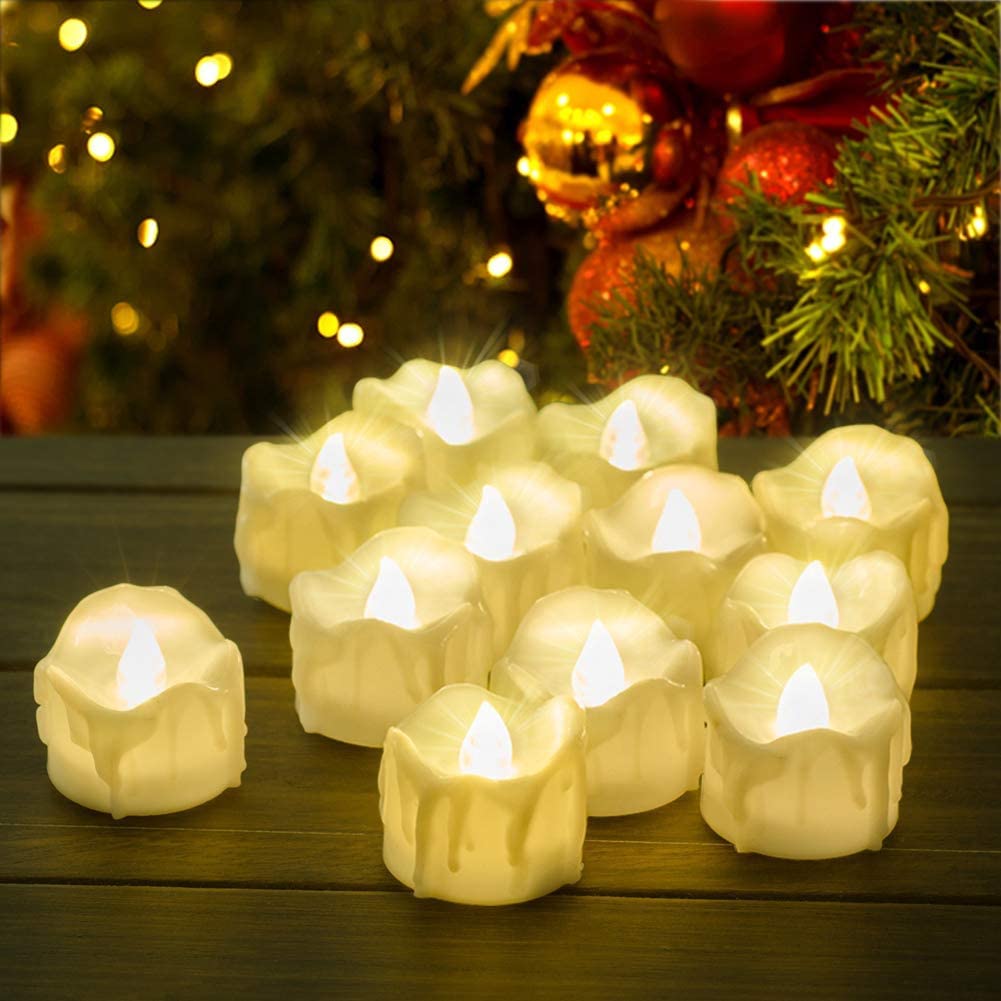 LED Candles, Pack of 12 Flickering LED Tea Lights with Timer Function, Flameless Tea Lights, 6 Hours On and 18 Hours Off, Electric Flickering Battery Operated Candles (Warm White Light)