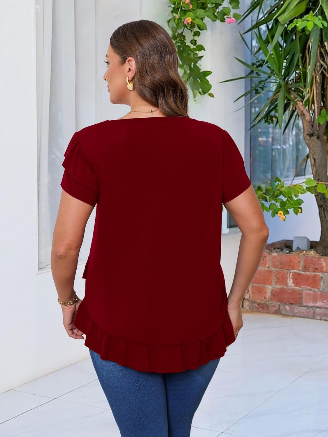 Beauhuty Womens Plus Size Shirts Square Neck Loose Tops Ruffled Hem Tunic Casual Flowy Dressy Blouses Ruffle Short Sleeves - Image 6