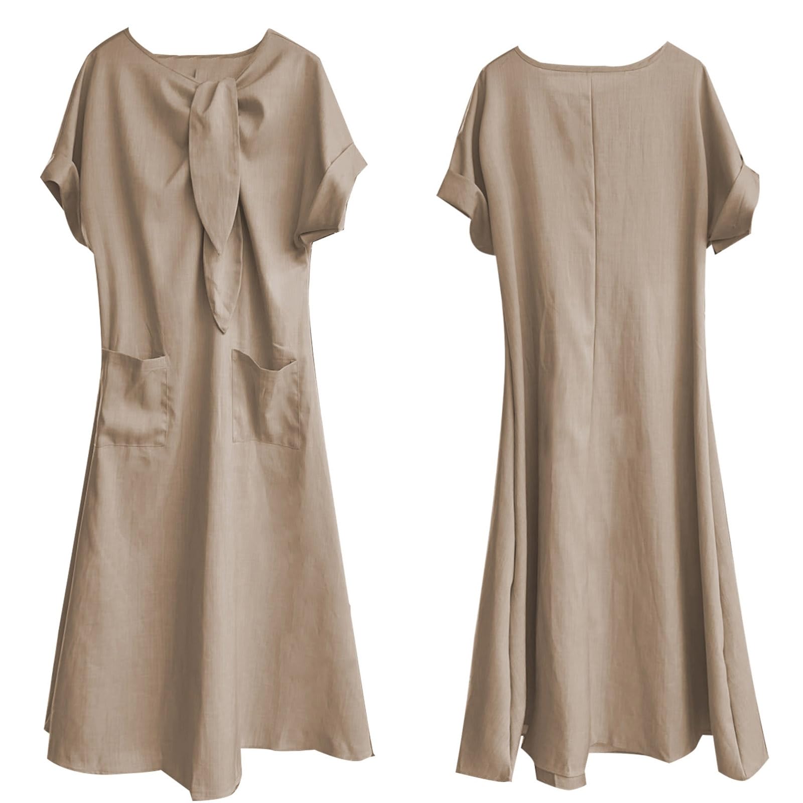 Vestido largo con cuello de lazo para mujer, manga corta, color sólido, holgado, acampanado, con bolsillos, vestido de verano casual de playa para vacaciones