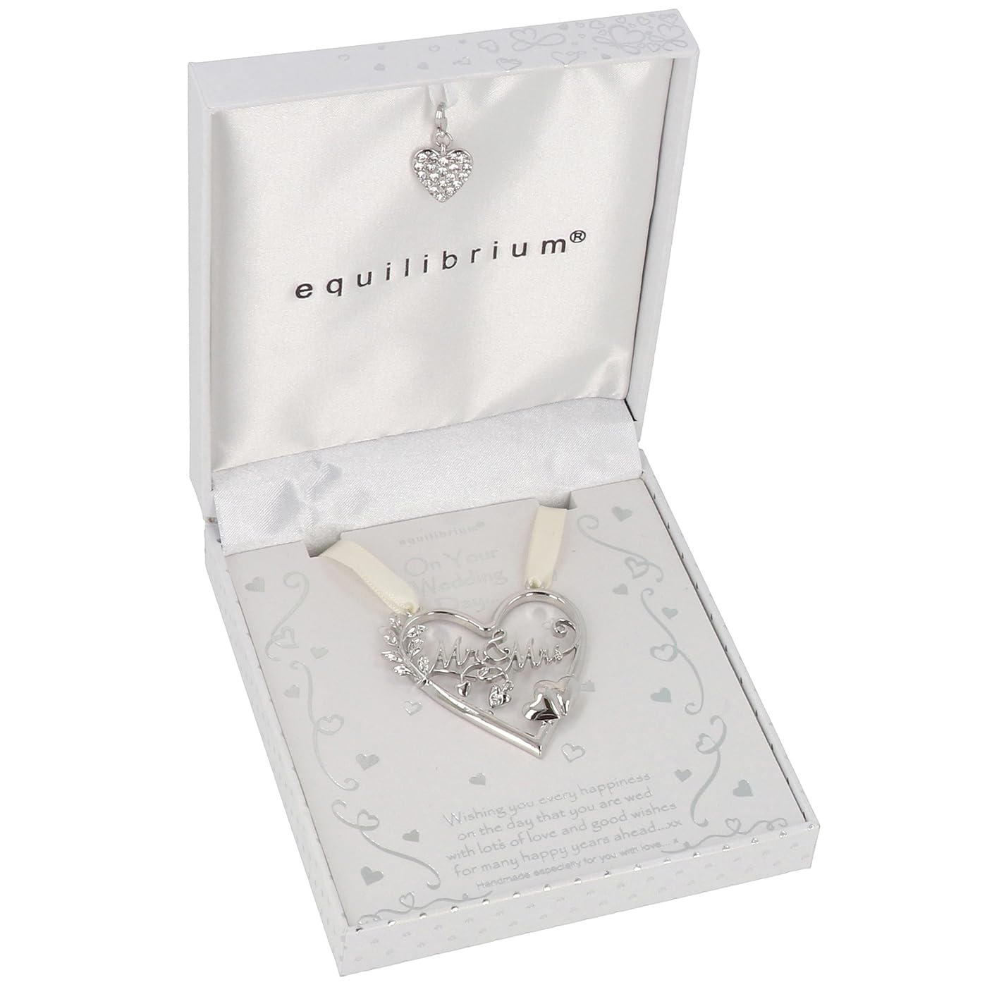 Equilibrium Silver Wedding Mr & Mrs Heart Keepsake, Tone Crystal Heart Charm, 10 X 5 X 0.3 Cm