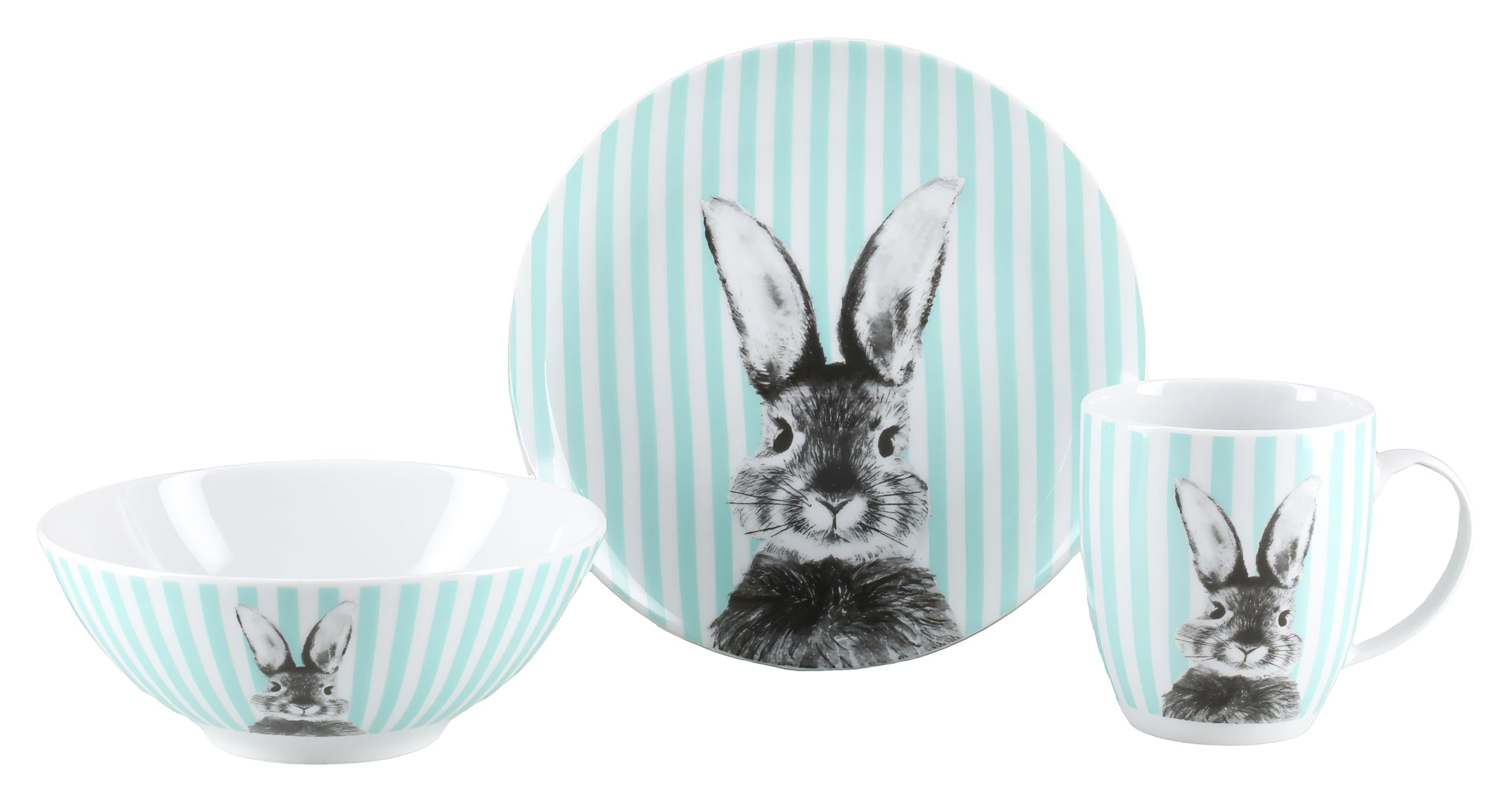 Vaisselle de Pâques CreaTable Happy Bunny Green en porcelaine pour enfant, lot de 3 pièces